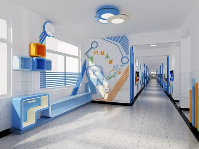 Modern Tech Inspired Elevator Corridor With Blue Orange Decorations Seating Windows And Ceiling Lights 3d model