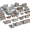Diverse Building Models Including High Rise Low Rise Structures with White Red Roofs 3d model