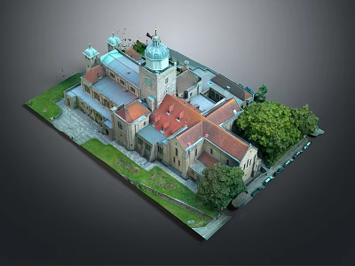 Whimsical Cartoon Scene of Historic Building with Red Roofs Green Dome Lush Lawn and Trees 3d model