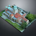 Whimsical Cartoon Scene of Historic Building with Red Roofs Green Dome Lush Lawn and Trees