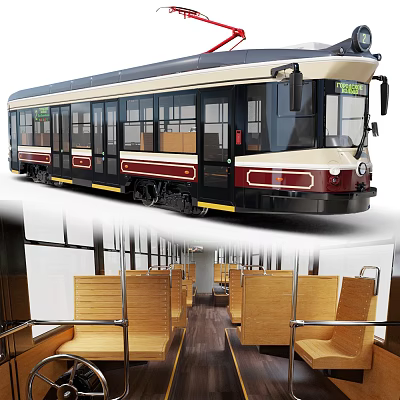 Vintage Tram With Classic Red Beige Exterior And Wooden Interior Seats Design 3d model
