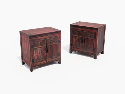 Pair of Traditional Wooden Decorative Cabinets With Carved Doors And Red Finish 3d model