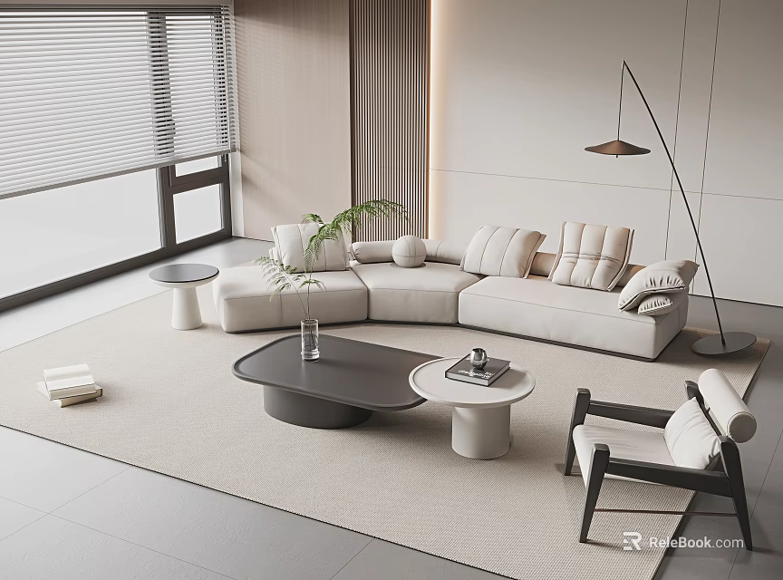 Modern Beige L Shaped Sofa and Coffee Table Set with Cushions Floor Lamp and Rug 3d model 
