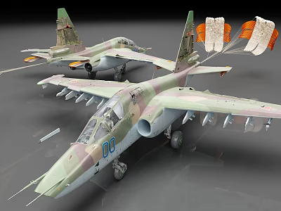Two Detailed Camouflage Fighter Jet Models With Missiles And Deployed Parachutes 3d model