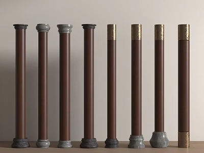 Collection of Various Decorative Brown Columns With Gray And Gold Accented Tops And Bases 3d model