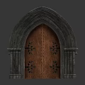 Ornate Arched Entrance Door With Carved Wooden Surface And Stone Archway Frame