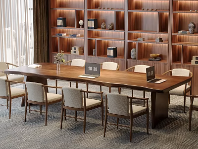Elegant Modern Wooden Tea Table and Chairs with Light Cushions in Study Room with Bookshelves 3d model