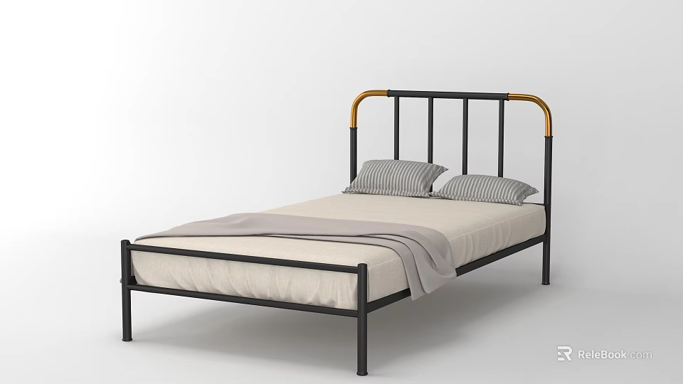 Double Bed with Black Metal Frame Golden Headboard Light Colored Sheets and Gray Striped Pillows 3d model 