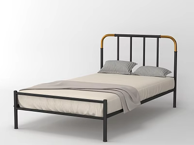 Double Bed with Black Metal Frame Golden Headboard Light Colored Sheets and Gray Striped Pillows 3d model