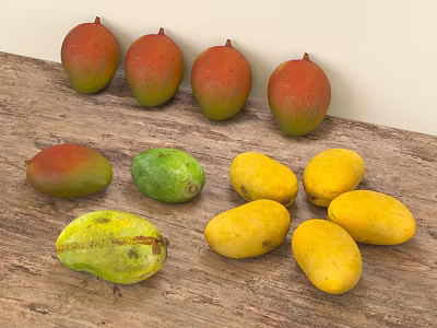 Fresh Mangoes Red Green And Yellow Displayed On Wooden Table 3d model