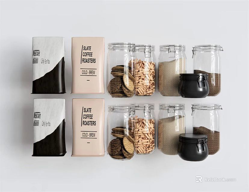 Glass Food Storage Jars With Various Baking Ingredients And Packaging 3d model 