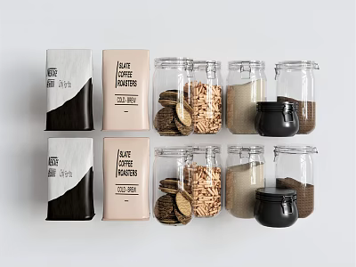 Glass Food Storage Jars With Various Baking Ingredients And Packaging 3d model