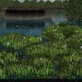 Beautiful Wetland Garden Landscape With Lush Green Plants Flying Wild Birds And Ancient Wooden Boat
