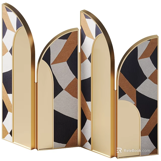 Modern Geometric Wall Decor With Golden Frames Arched Design Black White Brown Patterns 3d model