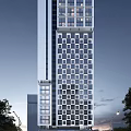 Modern High Rise Hotel Building With Glass Curtain Walls Street Vehicles And Exterior Lighting