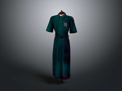 Green Long Dress with Short Sleeves Collar Belt and Decorative Patch 3d model