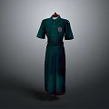 Green Long Dress with Short Sleeves Collar Belt and Decorative Patch