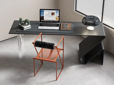 Modern Glass Top Desk Setup With Laptop Lamp And Orange Chair Decor 3d model