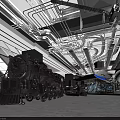 Vintage Steam Locomotive Displayed in Industrial Style Museum Exhibition Hall with Metal Pipes