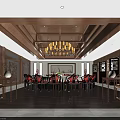 Chinese Style Private Dining Box With Mahogany Table Red Chairs Chandelier And Wooden Ceiling