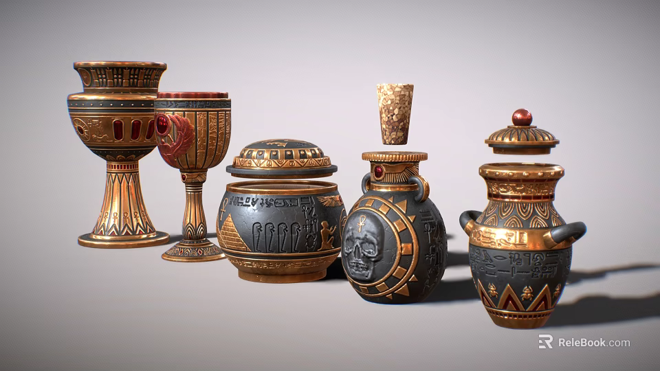 Egyptian Style Decorative Ornament Set With Gold Black Carved Patterns And Mask Design 3d model 