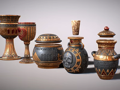 Egyptian Style Decorative Ornament Set With Gold Black Carved Patterns And Mask Design 3d model
