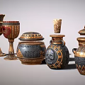 Egyptian Style Decorative Ornament Set With Gold Black Carved Patterns And Mask Design