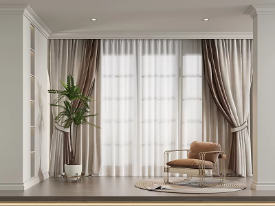 Elegant Modern Curtains With Double Layer Brown And White In Interior With Armchair And Plant 3d model