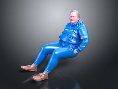 Woman in blue jumpsuit with white text sitting on black surface smiling in brown shoes 3d model