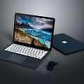 Modern Open Laptop With Scenic Display Screen And Closed Notebook With Wireless Mouse 3d model