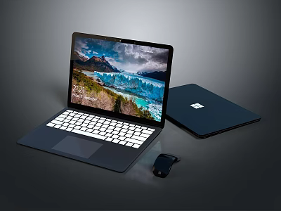 Modern Open Laptop With Scenic Display Screen And Closed Notebook With Wireless Mouse 3d model