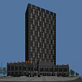 Tall Modern Hotel Building With Glass Facade Ornamental Base And Blue Rooftop