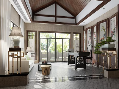 Chinese Style Study Interior With Traditional Furniture Sofa And Large Windows 3d model