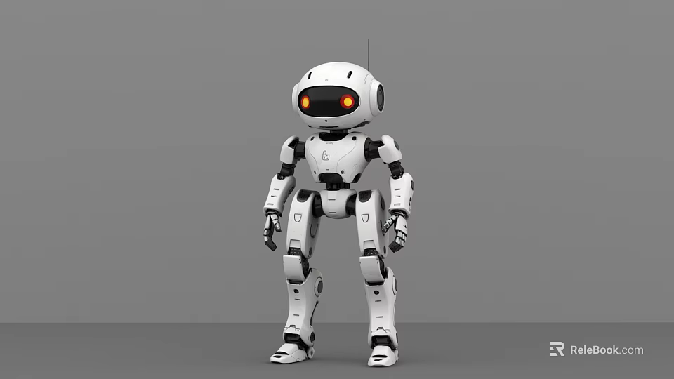 Smart Machine Humanoid Robot With White Body Orange Eyes And Black Joints 3d model 
