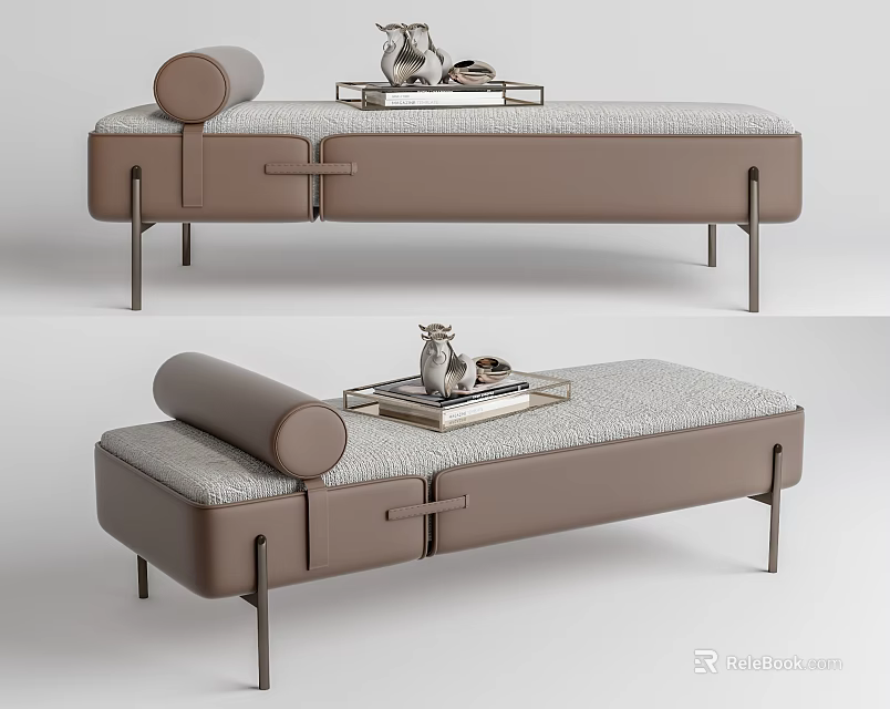 Modern Elegant Ottoman With Brown Fabric Upholstery Metal Legs And Decorative Tray On Top 3d model 