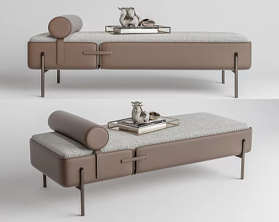 Modern Elegant Ottoman With Brown Fabric Upholstery Metal Legs And Decorative Tray On Top 3d model