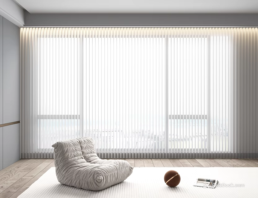 Modern Living Room With White Blinds On Large Window And Gray Plush Chair Wooden Floor 3d model 