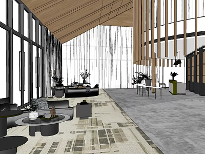 Modern Lounge Area With Wooden Ceiling Large Windows Comfortable Sofas And Decorative Plants 3d model