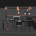 Modern Restaurant Kitchen Interior Featuring Black Cabinets Island Pendant Lights Chairs And Wine Rack