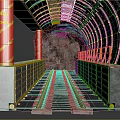 Industrial Tunnel Interior With Red Striped Pillars Yellow Railings And Tracks