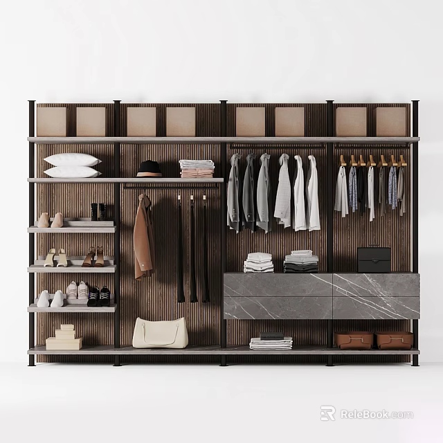 Modern Wardrobe Organization With Hanging Clothes Folded Items Storage Shelves And Drawers 3d model