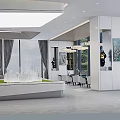 Modern Minimalist Sales Office Interior Design With Abstract Art Sculpture And Custom Wooden Display Shelves