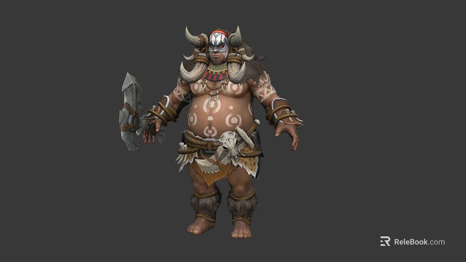 Horned Tribal Warrior With Axe And Intricate Tattoos In Tribal Attire 3d model 