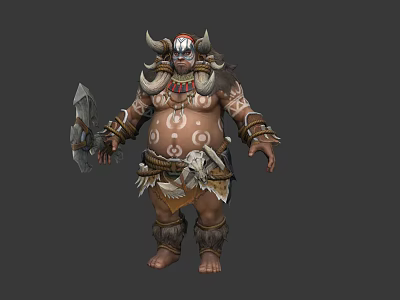 Horned Tribal Warrior With Axe And Intricate Tattoos In Tribal Attire 3d model