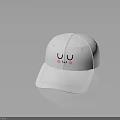 White Baseball Cap with Cartoon Smiley Face Closed Eyes and Pink Blush