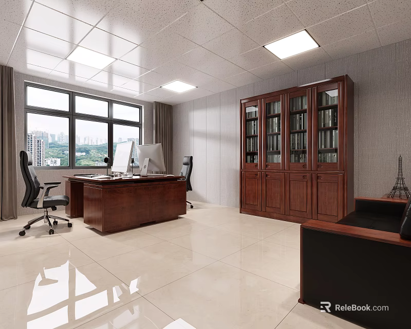 Modern Office Interior Featuring Wooden Desk Office Chairs Glass Door Bookcase And City View Windows 3d model 