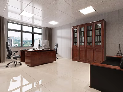 Modern Office Interior Featuring Wooden Desk Office Chairs Glass Door Bookcase And City View Windows 3d model
