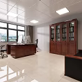 Modern Office Interior Featuring Wooden Desk Office Chairs Glass Door Bookcase And City View Windows