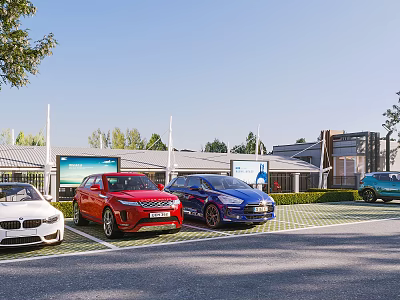 Various Different Colored Cars Parked In Sunny Outdoor Lot With Buildings And Trees 3d model