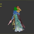 Elaborate Female Character In Colorful Costume With Fan And Decorative Staff